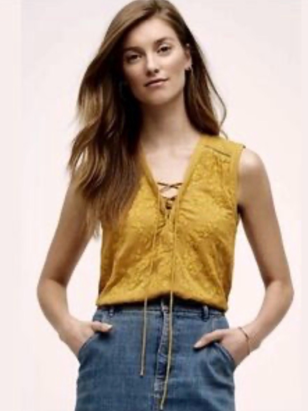 ✨Anthropologie Maeve Mustard Yellow Embroidered Sleeveless Blouse Size 12 US